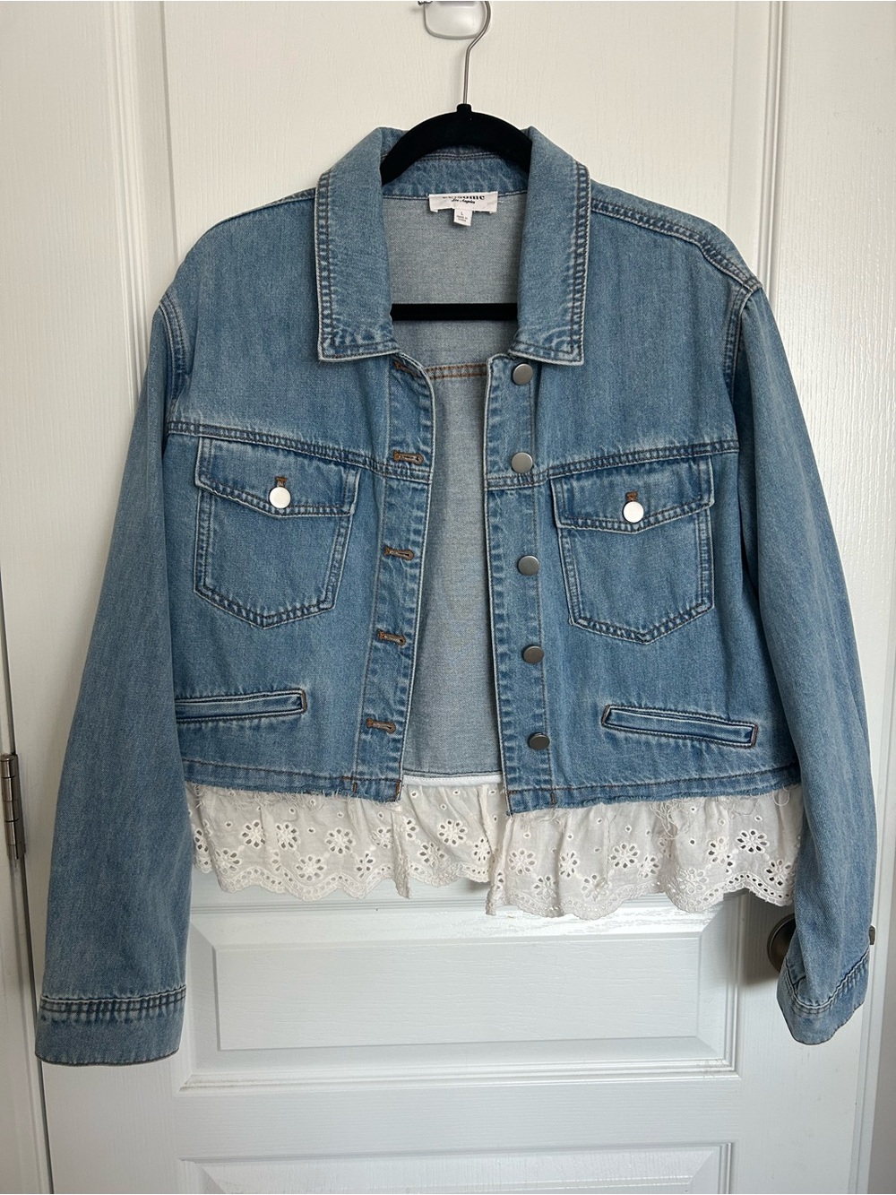 eesome Light Blue Denim Jacket with Eyelet Lace Trim